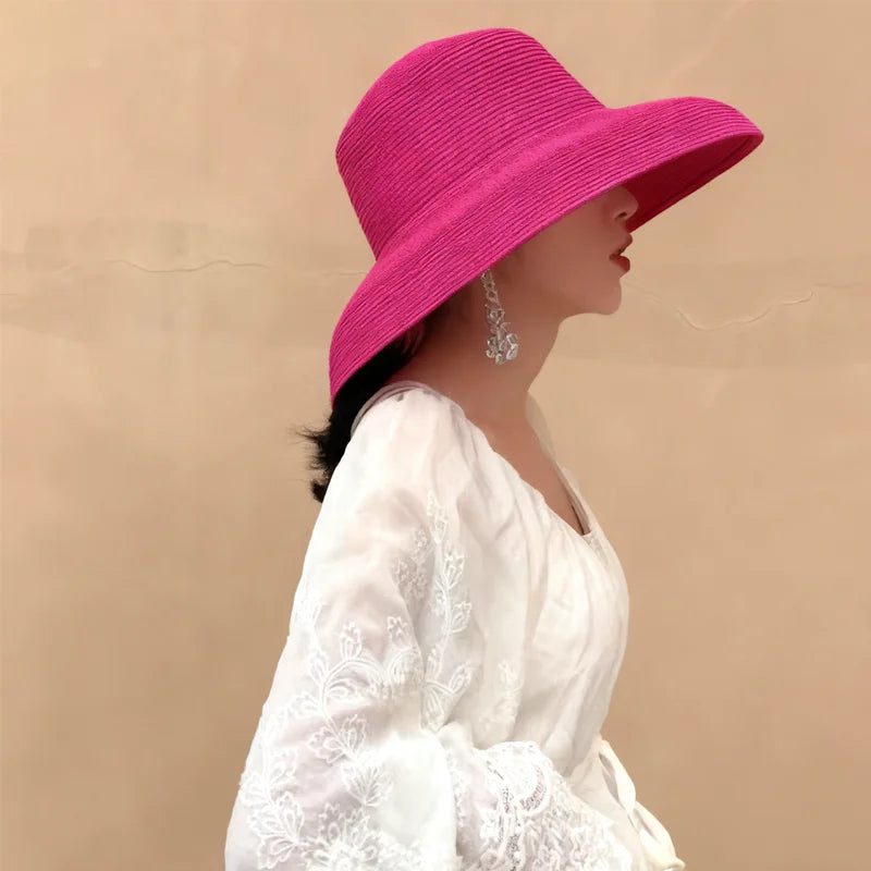 Summer hat new female sun hat folding beach hat big brim travel sunscreen Hepburn wind sun hat travel