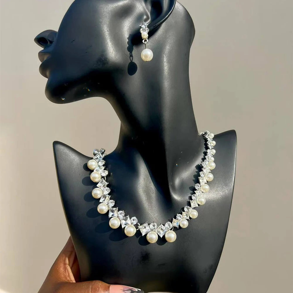 Elegant Imitation Big White Pearl Necklace Earring Jewelry Set for Women Party Wedding Pearl Accessories