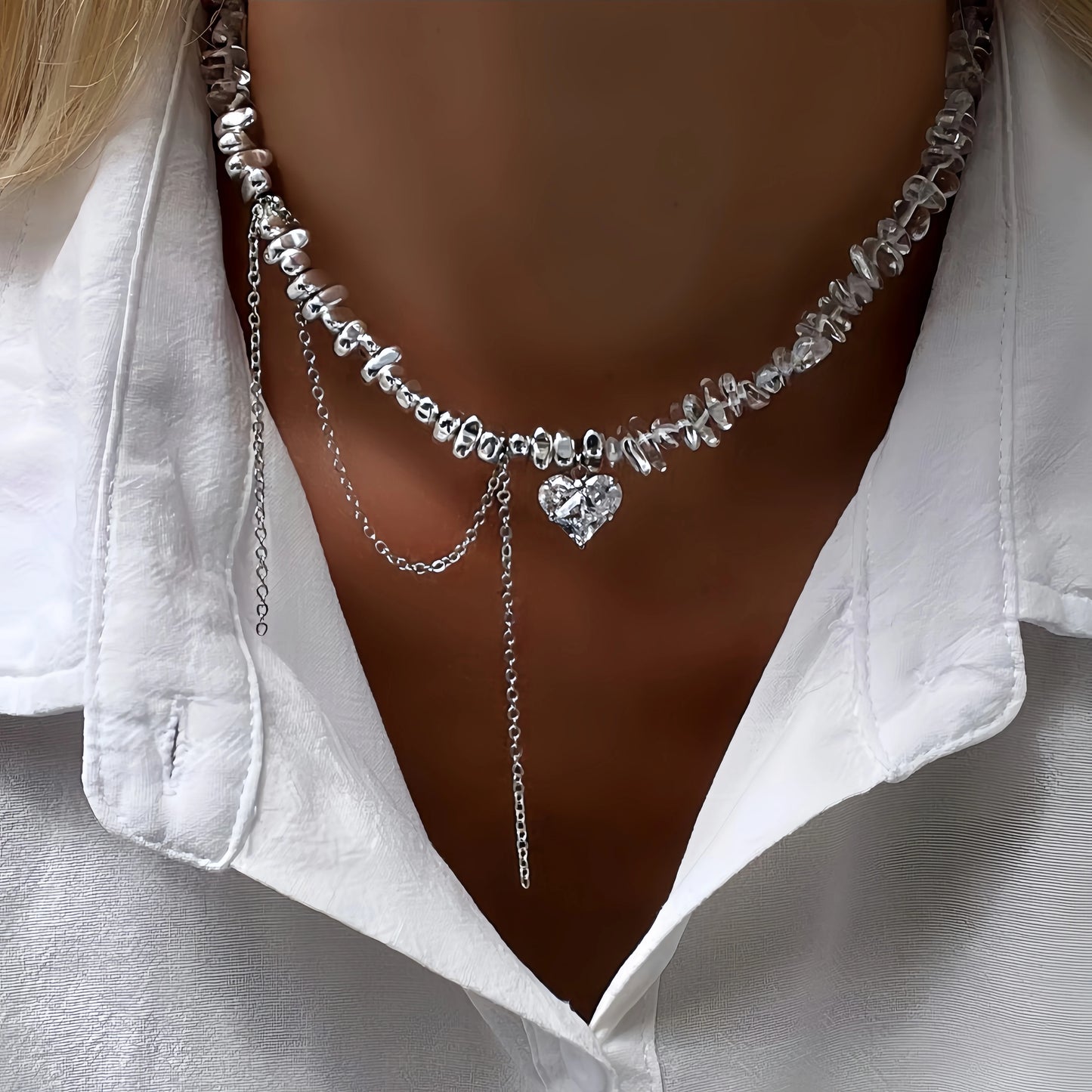 New Irregular Choker Vintage Tassels Zircon Heart Pendant Necklace For Women Female Geometric Baroque Transparent Crystal Chain - Acros