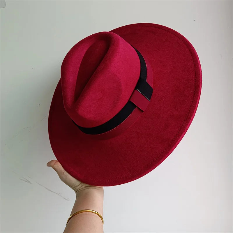 Colorblock ribbon colorful suede felt hat with wide brim, designed for women and men in British retro style for autumn and winter.
