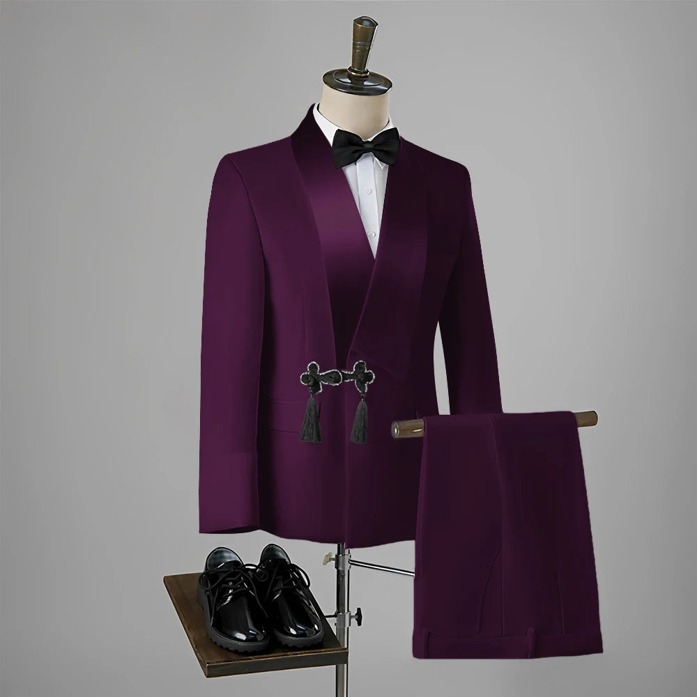 Ansoff men's slim fit tuxedo with wedding tassel shawl lapel, single button blazer and matching pants, stylish groom suit ensemble