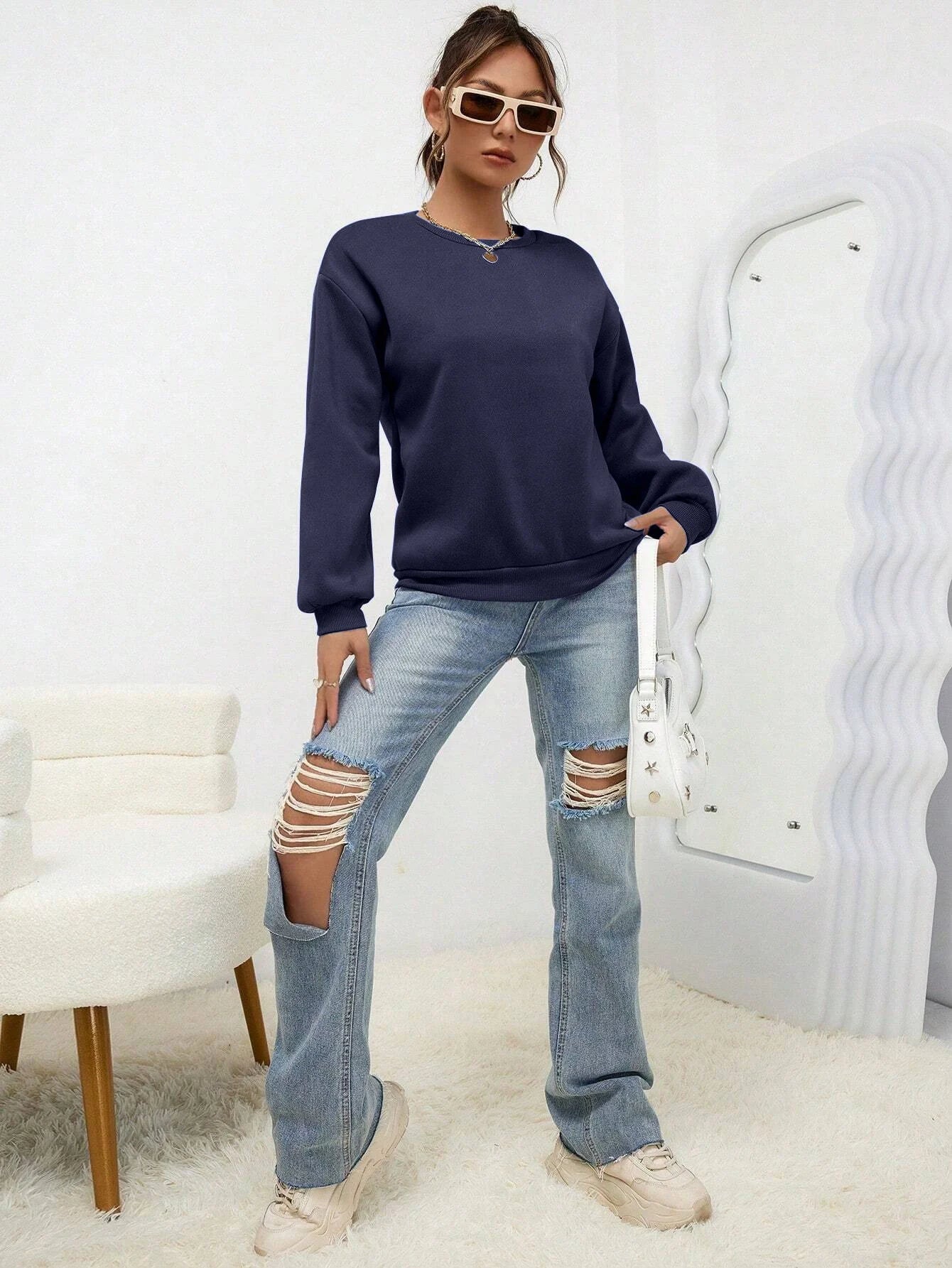 Woman Sweatshirt Casual Solid Color All-Match Clothing Loose Fashionable Pullovers Autumn Crewneck Warm  Female Hoodies - Acros