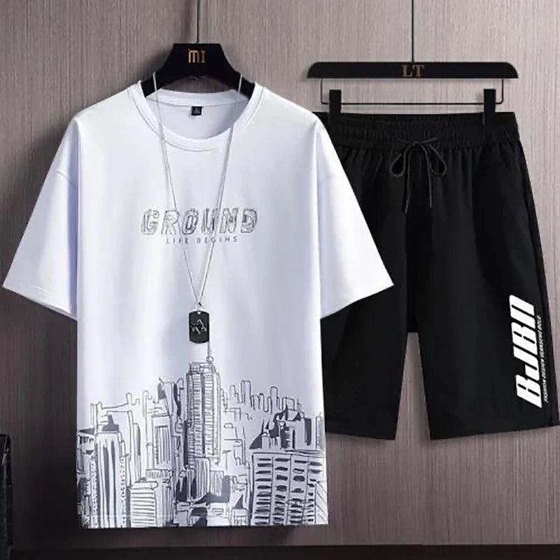 Men's casual sport ice silk 2-piece suit by Ansoff, includes printed sweatshirt and sweatpants for outdoor jogging and fitness.