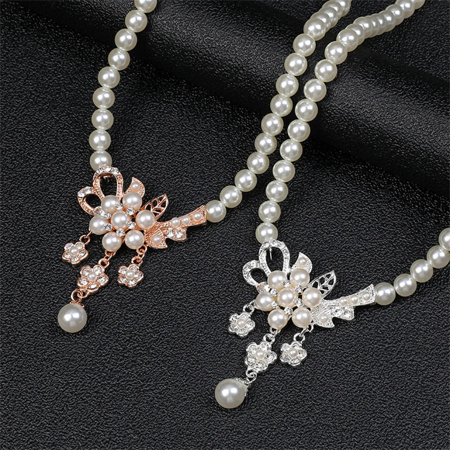 New Fashion personality flower Imitation Pearl Wedding Necklace Earring Set Bridal For Women Elegant Rhinestone Jewelry Gift