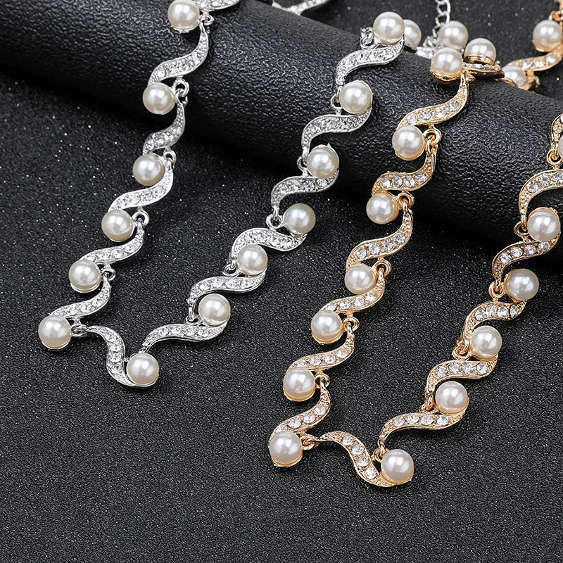 Crystal  Wedding Necklace  Fashion  Pearl  Earring Bridal For Women Elegant Rhinestone Jewelry Sets Party Gif