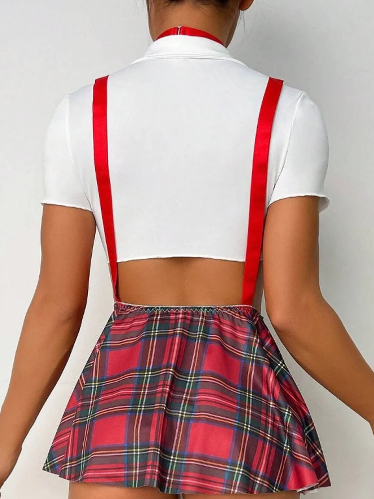 Ansoff women's sexy lingerie uniform suit featuring a plaid skirt, bow knot strap, and tie for role-playing costume.