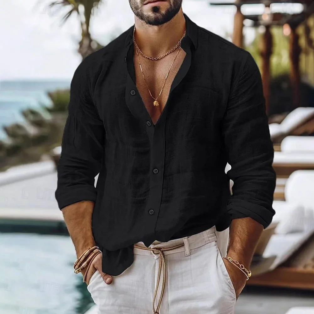 Men's lightweight cotton linen shirt by Ansoff, breathable summer beach style button-up shirt in solid color.