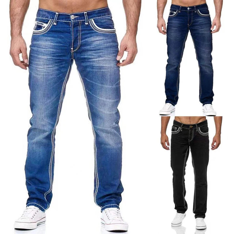 Black men's jeans by Ansoff, 2022 European American brand, blue straight loose overalls, breathable, available in S-XXXL sizes.