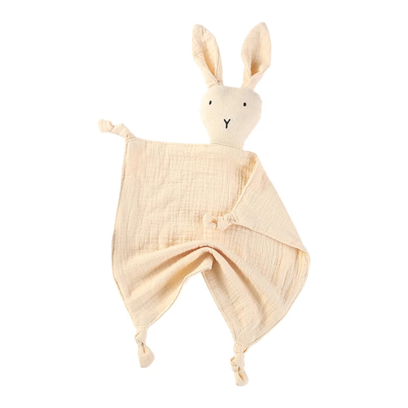 Soft gauze baby soothe blanket with rabbit design, ideal as a teether, burp cloth, or cuddly comfort towel for infants.