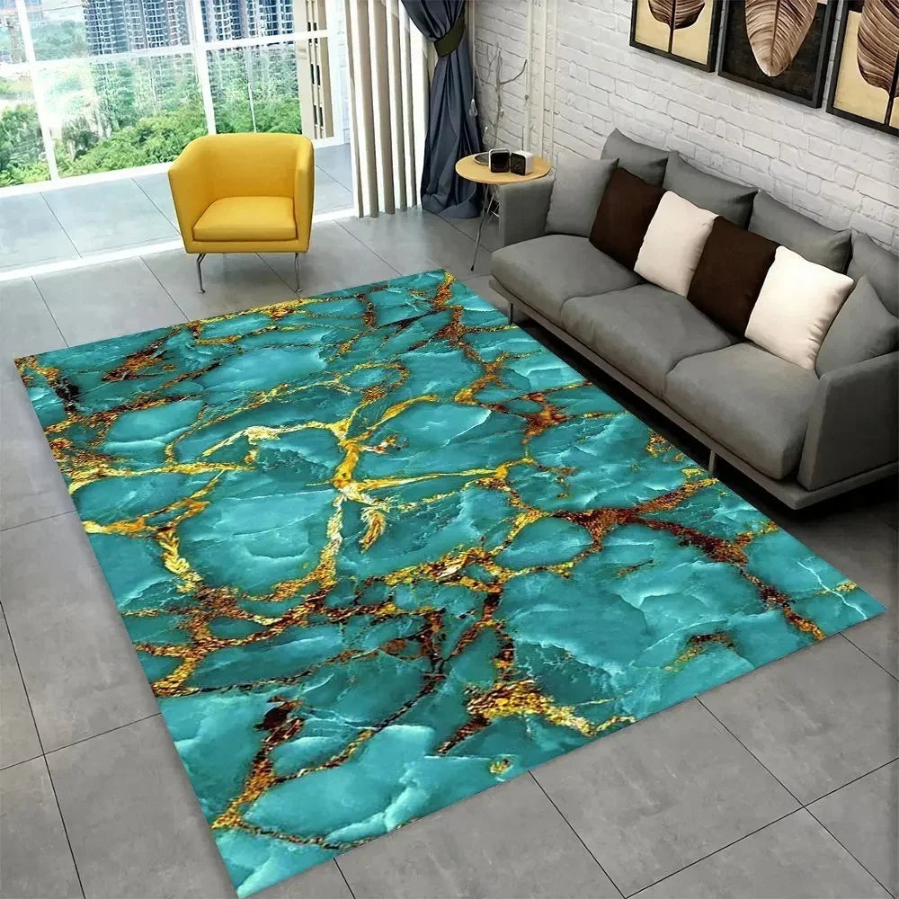 Sophisticated Nordic Blue and Gold Marble Floor Mat Geometric Carpet for Living Room or Bedroom Non-Slip Rug for Sofa Doormat