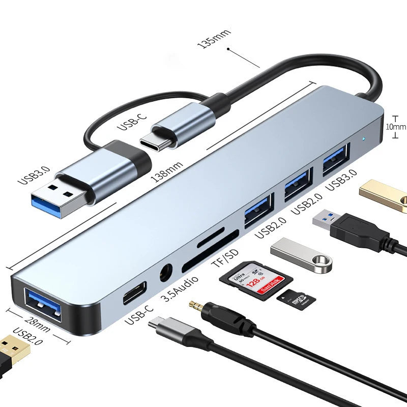 Ansoff 8-in-2 USB and Type-C hub docking station with 3.5mm audio jack, micro SD card reader for laptops, tablets, and phones.