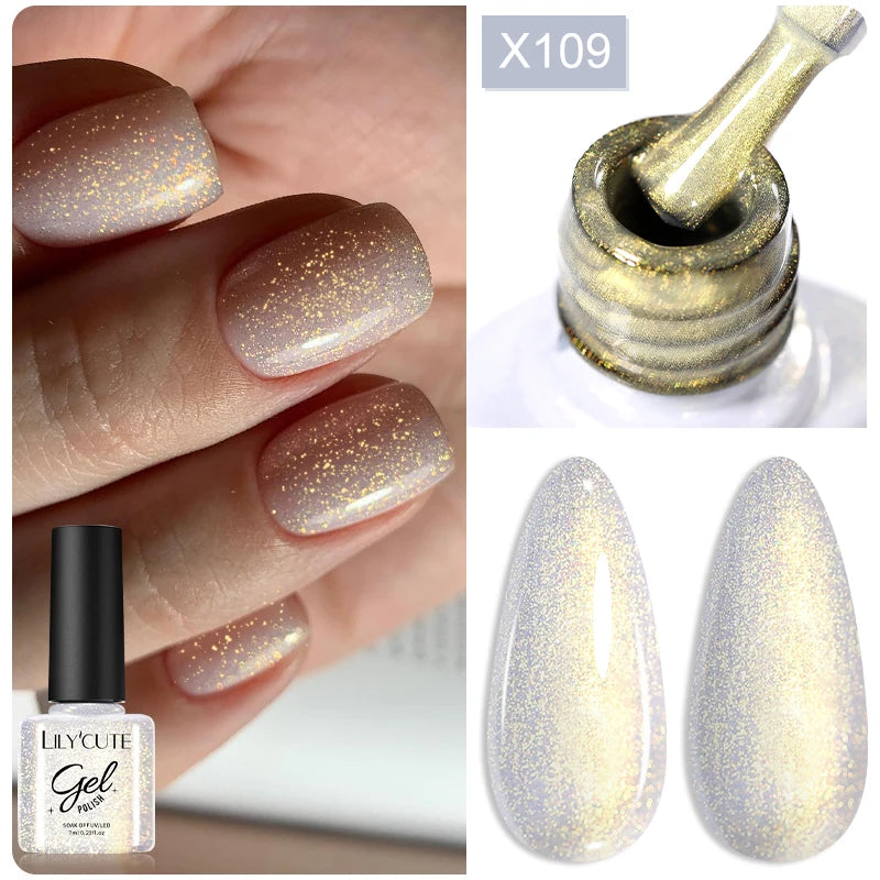 LILYCUTE 5ML Champagne Gold Reflective Glitter Liner Gel Nail Polish Bright Sparkling French Semi Permanent Nail Painting UV Gel