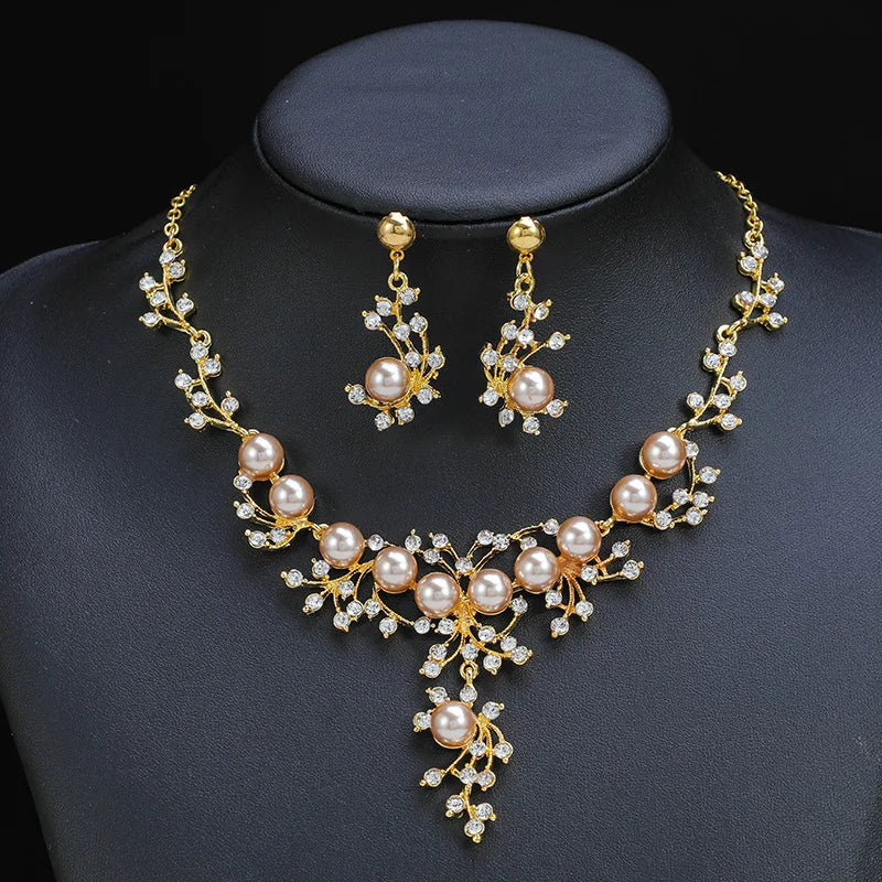 New Fashion personality flower Imitation Pearl Wedding Necklace Earring Set Bridal For Women Elegant Rhinestone Jewelry Gift