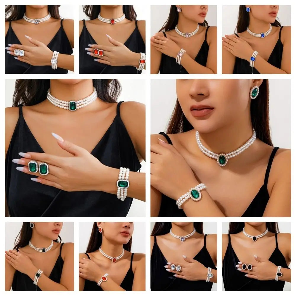 Rhinestones Pearl Jewelry Sets Multi-layer Bead Necklace Bracelet Earring Set Luxury Imitation Gem Bridal Jewelry Sets Party