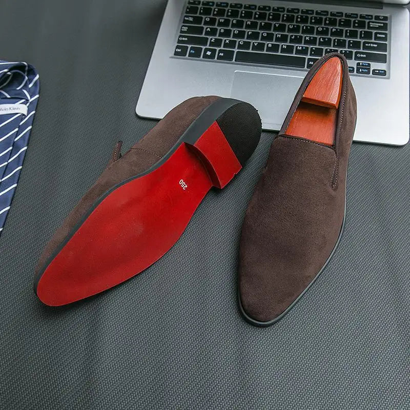 Men's Shoes Suede Leather Shoes Fashion Business Office Dress Shoes Brown Slip on Casual Shoe Red Sole Pointed Toe Male Loafers - Acros