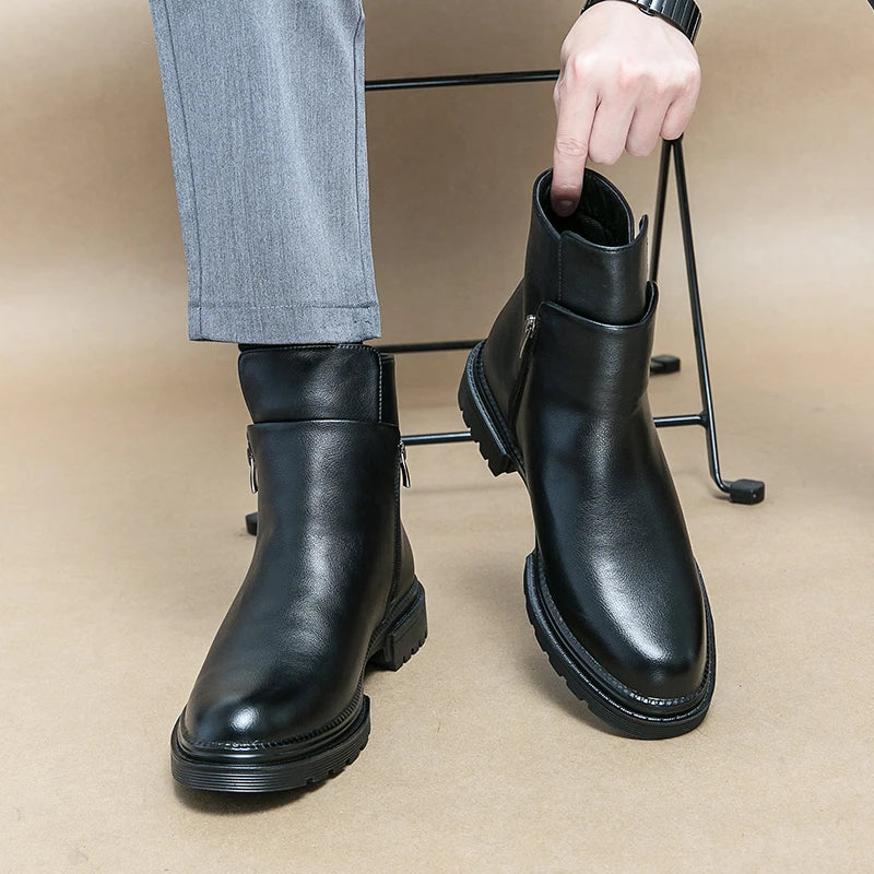 Round Toe Shoes Men's High Top Footwear Classic Retro Leather Chelsea Boots Side Zipper Fashion Ankle Boots Male Business Shoes - Acros