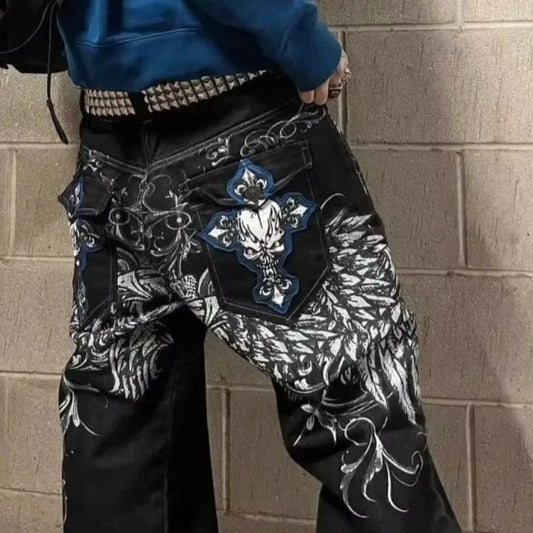 Ansoff men's wide-leg embroidered hip-hop jeans with Y2K mid-waist gothic style, perfect for retro fashion and individual streetwear.