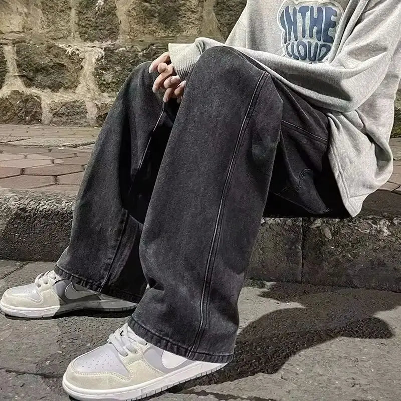 Men's loose streetwear jeans by Ansoff featuring straight wide-leg fit in black and light blue, Korean style fashion pants.