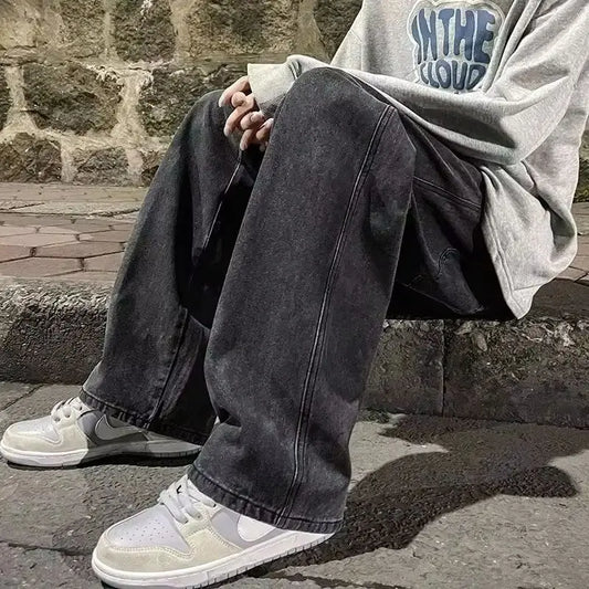 Men's loose streetwear jeans by Ansoff featuring straight wide-leg fit in black and light blue, Korean style fashion pants.