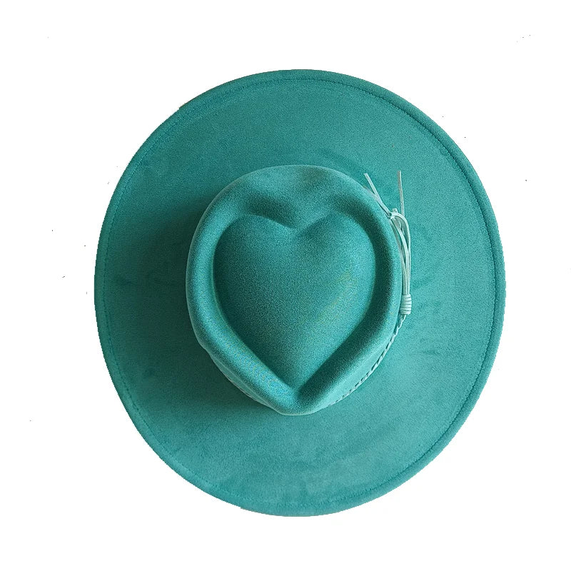 Dark turquoise suede fedora hat with heart and arrow embroidery, stylish men's and women's autumn winter felt jazz hat by Ansoff.