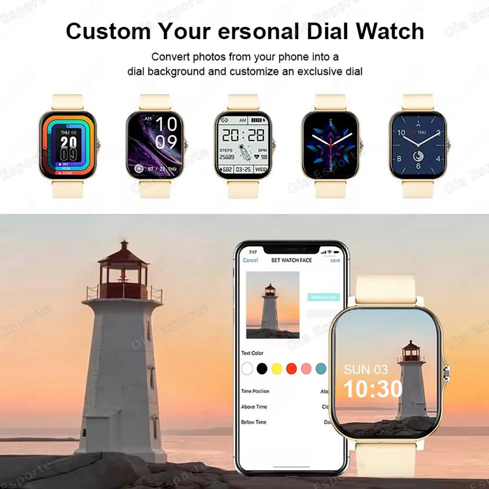 Ansoff smart watch with 2.01-inch HD display showing call, message preview, weather, and sport modes for men and women.