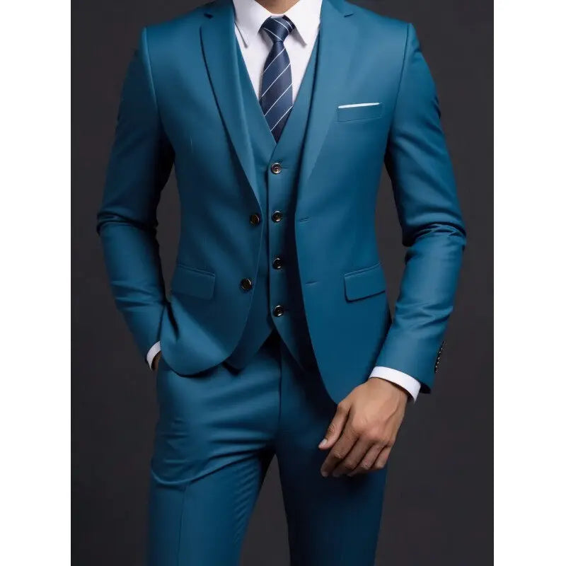 Men's fashionable British style suit with blazer, vest, and trousers in solid color, ideal for business, casual, or wedding occasions.