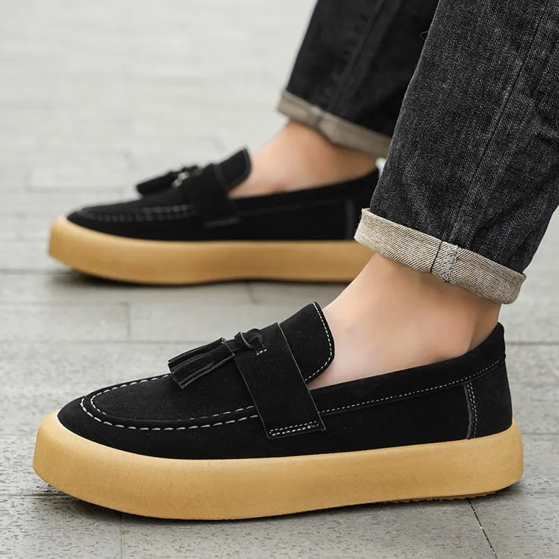 Men's casual Ansoff suede loafers with platform sole, slip-on driving shoes, British style, trendy shallow design.