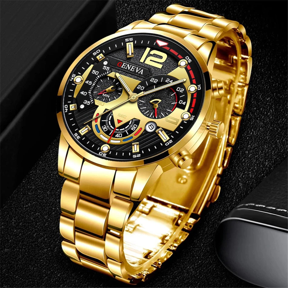 Ansoff men's stainless steel band analog quartz wristwatch with calendar display showing time and date on a sleek watch face.