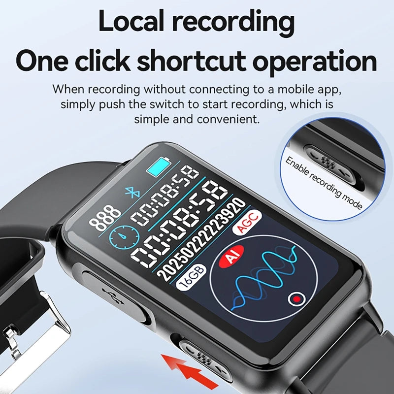 Ansoff smart recording watch with AI recorder, real-time transcription, translation, and conversation recording bracelet on a wrist.