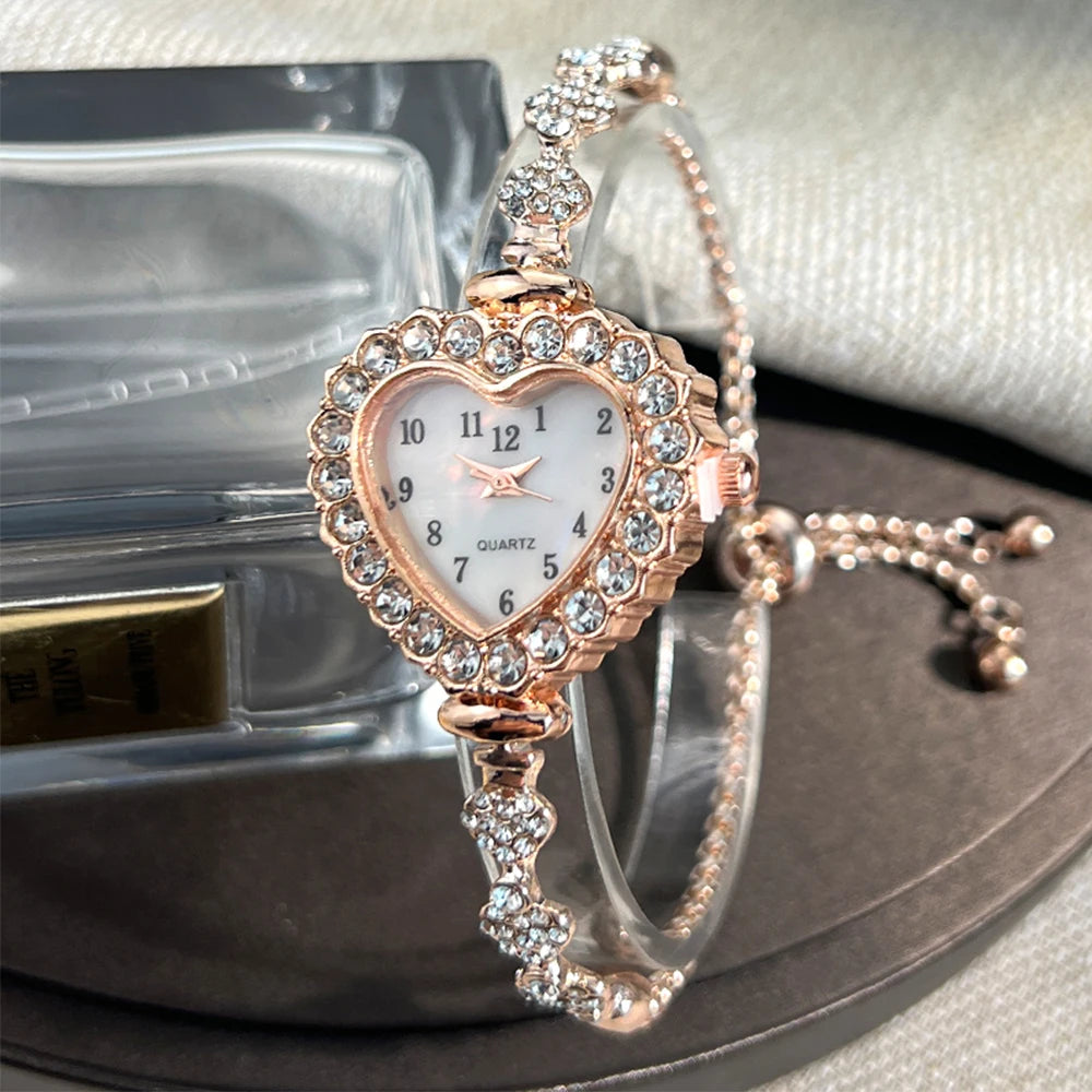 New Fashion Heart-shaped Ribbon-Strap Diamond-Studded Flower Watch for Women with Adjustable Bracelet - Acros