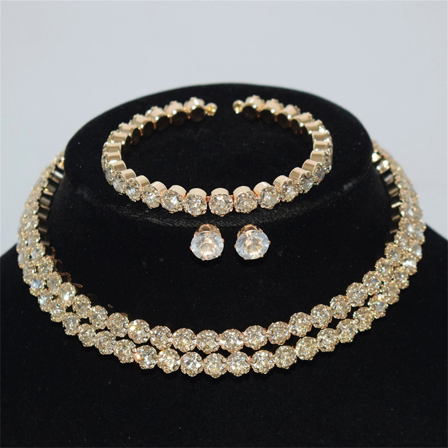 3pcs Wedding Jewelry Three Piece Set Fashionable Bridal Rhinestone Double Row Necklace Earrings Bracelet Set Strong Chain