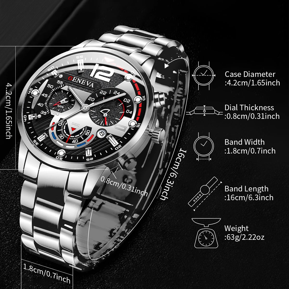 Ansoff men's stainless steel band analog quartz wristwatch with calendar display on a sleek watch face.
