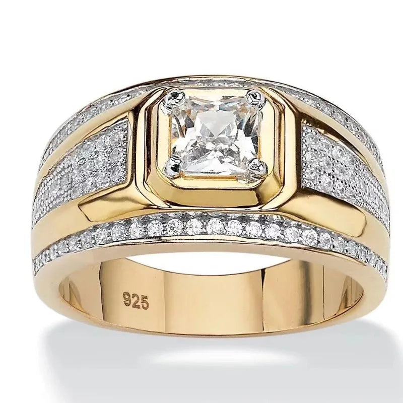 New Yellow Gold Rectangular Diamond Luxury Large Ring Male Ring Stamp with Diamond Party Popular Men's Business Birthday Gift