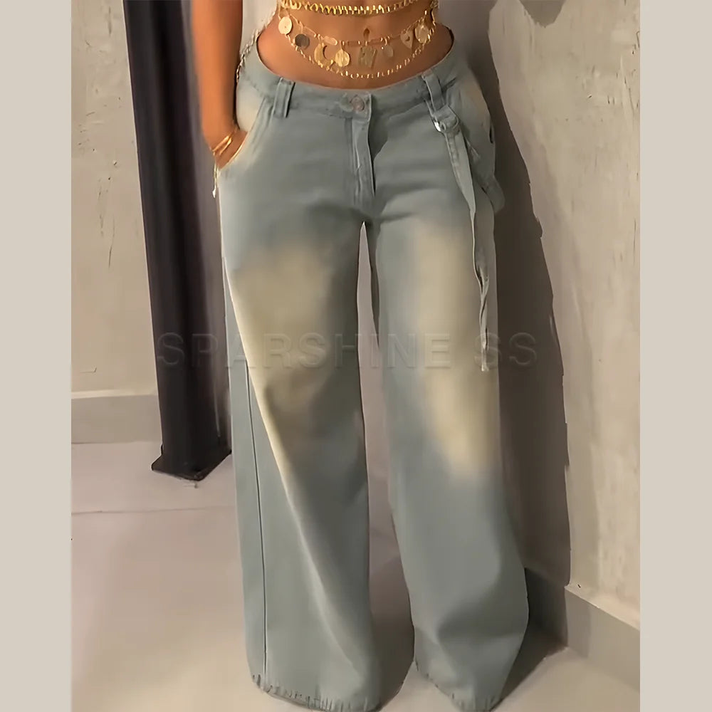 Ansoff women's straight jeans featuring vintage washed denim, mid waist, loose fit, and wide-leg style for streetwear looks.