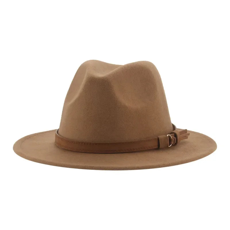 Ansoff fedora hat for women and men with a wide brim, solid khaki or black color, featuring a band and belt, ideal for winter formal wear.
