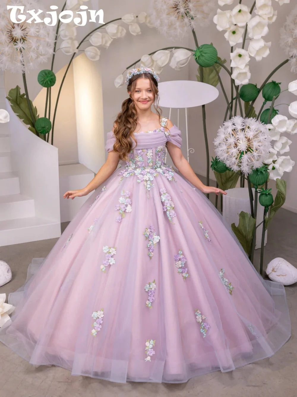 New Arrival Girls Lace Appliques Princess Gown For Birthday Party Charming Off Shoulder Kids Dresses Performance Outfit 2-14Y