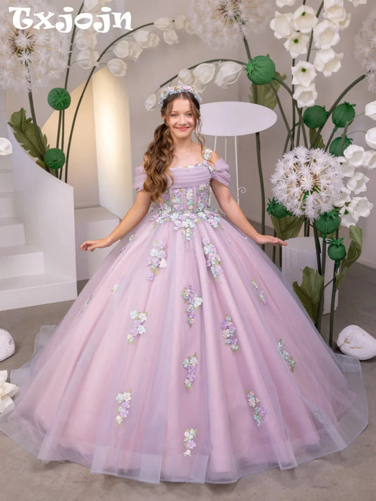 New Arrival Girls Lace Appliques Princess Gown For Birthday Party Charming Off Shoulder Kids Dresses Performance Outfit 2-14Y