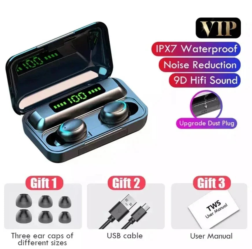 Ansoff TWS F9-5 Bluetooth wireless earbuds with stereo sound, waterproof design, built-in mic, and ergonomic ear tips for sports use.