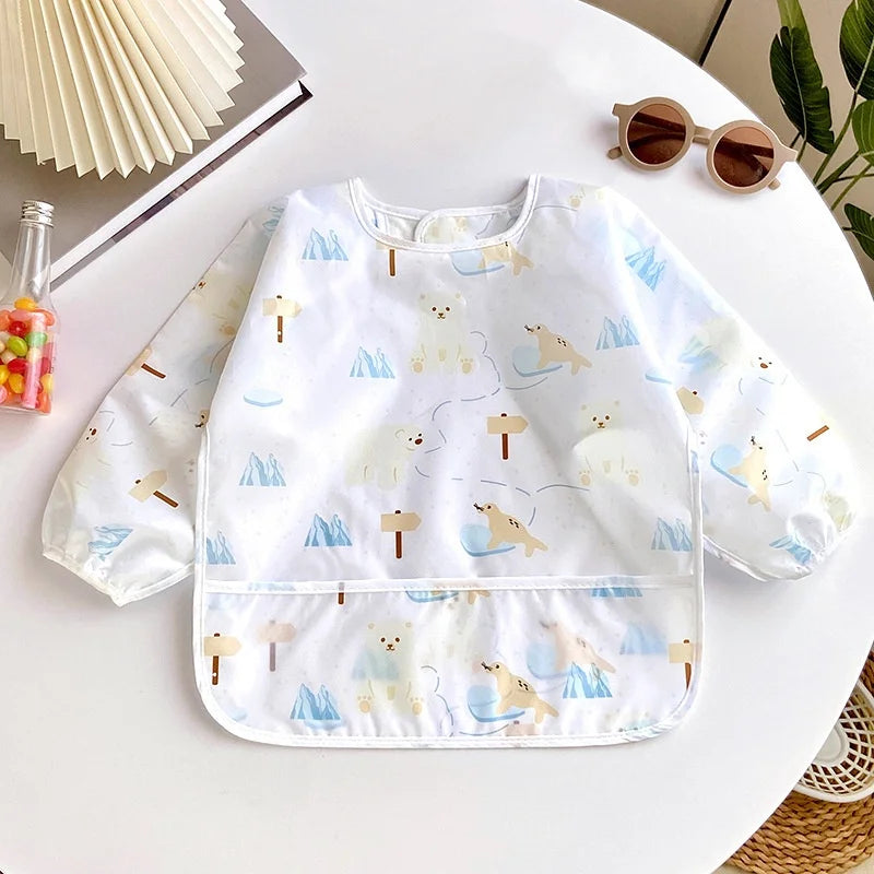 Ansoff waterproof baby bib with long sleeves, cartoon design, adjustable feeding cloth for girls and boys, toddler meal apron