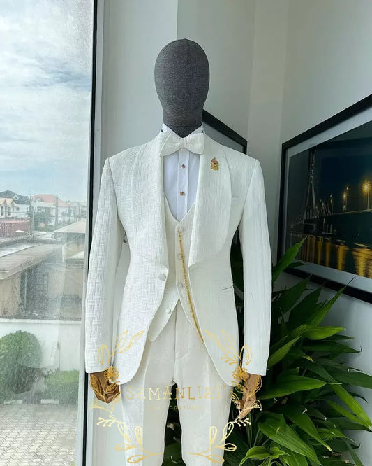 Ansoff men's suit set with white plaid blazer, vest, and floral pants, formal slim fit 3-piece costume for parties and events.