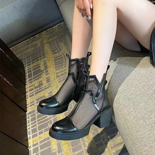 Ansoff women's ankle boots with solid color round toe design, thick heel, breathable mesh upper, and comfortable sandal style.