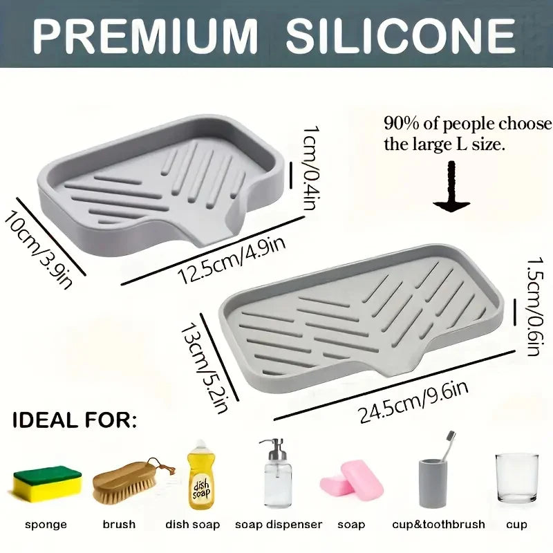 Ansoff silicone faucet mat and sponge drain pad in kitchen sink, drying and countertop storage tray with soap dispenser and sponge compartment.