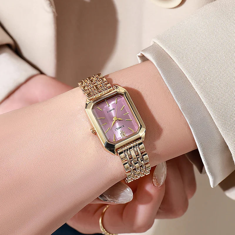 Women Watches Business Luxury Ladies Fashion Quartz Watch Simple Scale Square Quality Gold Plated Stainless Steel Folding Clock - Acros