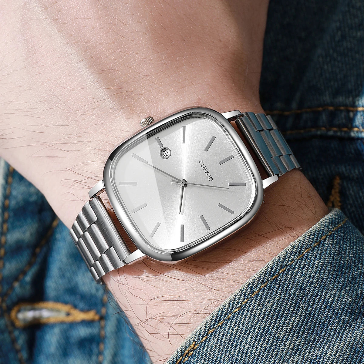 Ansoff fashion square men's business watch with analog display, calendar, quartz movement, black strap, and minimalist design.