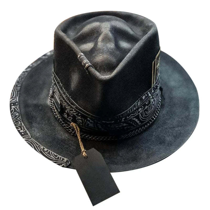 Black gothic cowboy hat with skull ornament, spooky headwear for Halloween and festivals, by Ansoff.