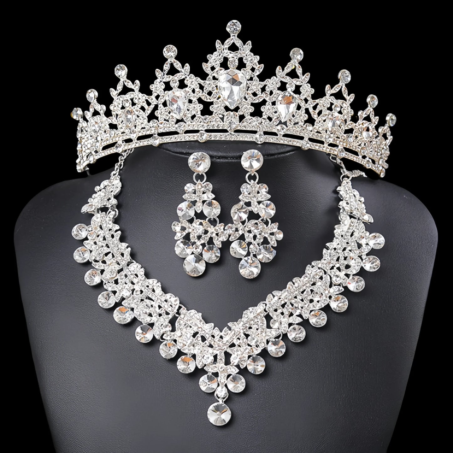 3Pcs Crystal Crown Necklace Earring Set Rhinestone Bridal Jewelry Set Women Bridal Wedding Hair Accessories Jewelry Crown Tiara