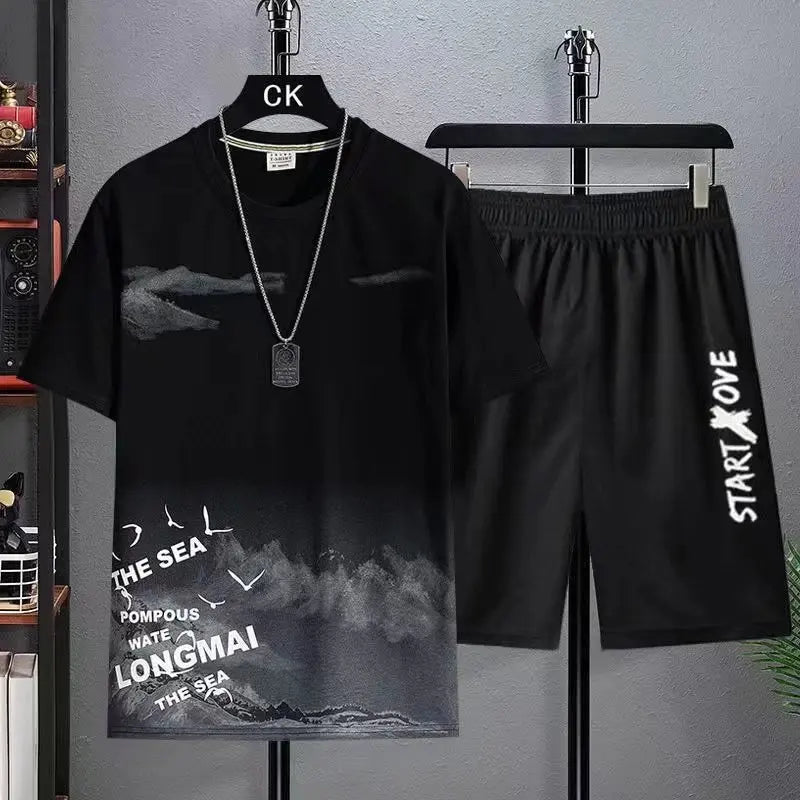 Men's summer shorts set by Ansoff, includes casual short sleeve tee and matching shorts for gym or casual wear.
