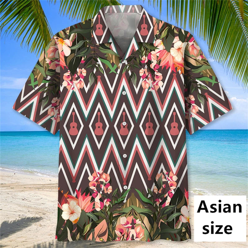Men Hawaiian shirt by Ansoff featuring 3D tropical plant, musical guitar prints, casual button-up beachwear for vacation style.
