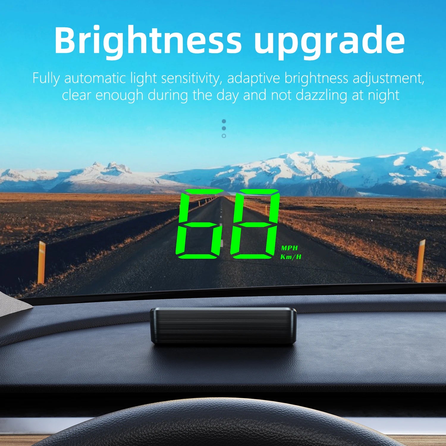 Ansoff HD Car Head Up Display M2 showing GPS speedometer, digital KM/H readout, mounted on a car windshield for easy viewing.
