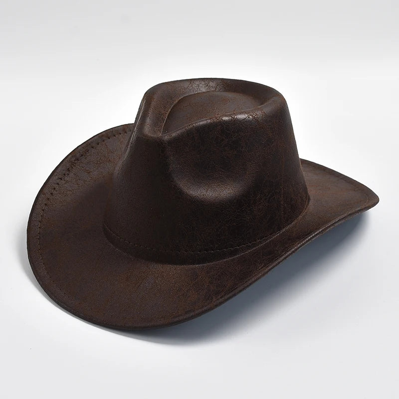 Ansoff Western cowboy hat featuring faux leather, vintage style, suitable for men and women, with a wide brim and classic design.